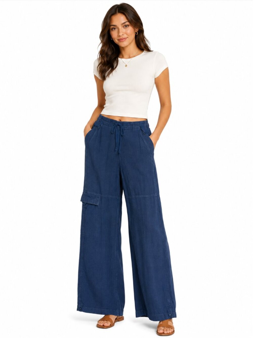 PILCRO Anthropologie Wide Leg Linen Cargo Pants Blue Cinch Waist XXS 30 Inseam